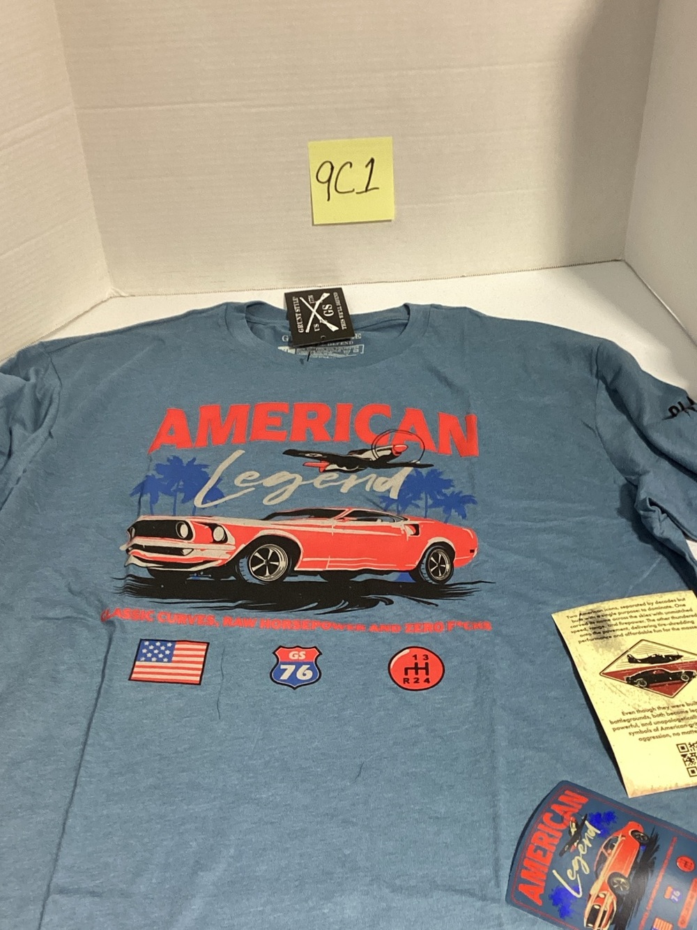 Grunt Style Blue Short Sleeve Tee with Red Car and Patriotic Graphic